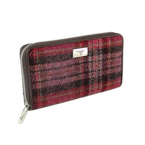 pink and burgundy tartan wallet