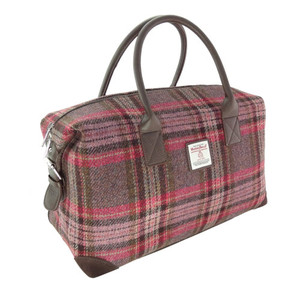 pink and burgundy tartan overnight bag