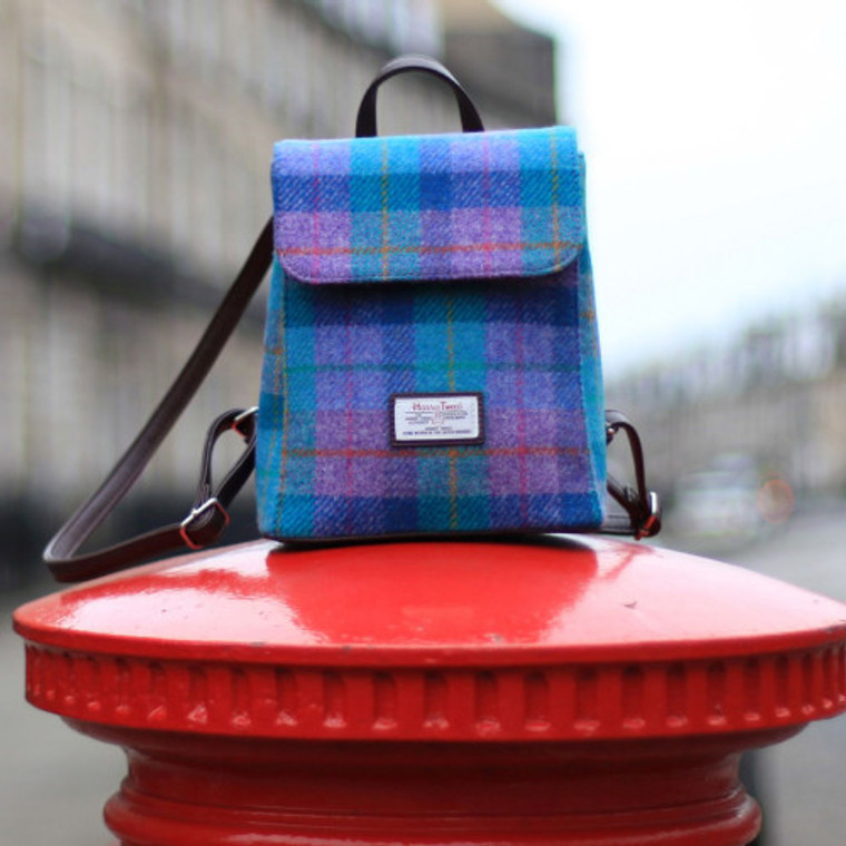Harris Tweed Mini Backpack in Green and Purple Check