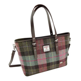 Harris Tweed 'Spey' Tote Bag in Muted Green and Pink Tartan