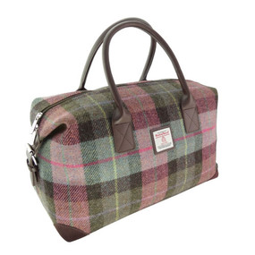 Harris Tweed Overnight Bag in Muted Green and Pink Tartan