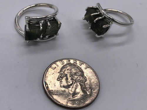 MOLDAVITE STERLING SILVER RING, SIZE 7.5, TWO MOLDAVITES
