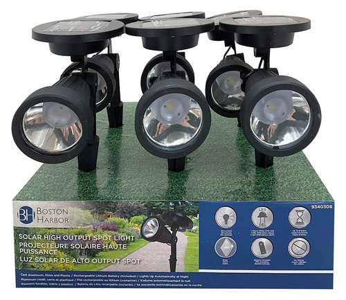 Boston Harbor Solar Spotlight, Li-Ion Battery, AA Battery, 1-Lamp, Metal and Glass Fixture, Black [SKU: ORG9340308]