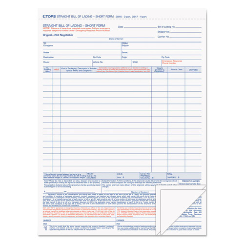 Bill of Lading, Three-Part Carbonless, 8.5 x 11, 50 Forms Total [SKU: TOP3846]