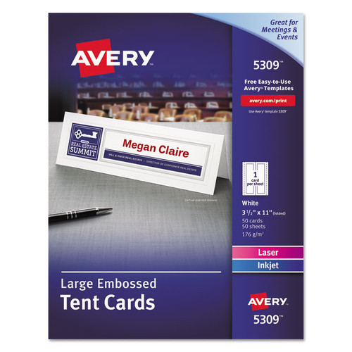 Large Embossed Tent Card, White, 3.5 x 11, 1 Card/Sheet, 50 Sheets/Box [SKU: AVE5309]