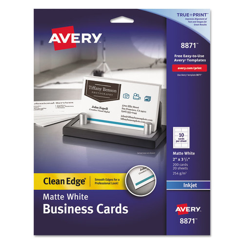 True Print Clean Edge Business Cards, Inkjet, 2 x 3.5, White, 200 Cards, 10 Cards/Sheet, 20 Sheets/Pack [SKU: AVE8871]