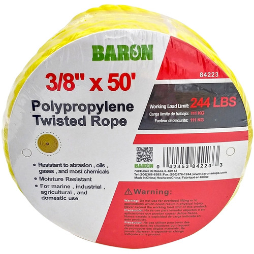 BARON 84223 Rope, 3/8 in Dia, 50 ft L, Polypropylene, Yellow [SKU: ORG7459548]