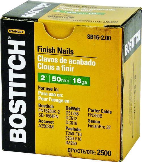 Bostitch SB16-200 Finish Nail, 2 in L, 16 Gauge, Steel, Coated, Smooth Shank [SKU: ORG6075329]