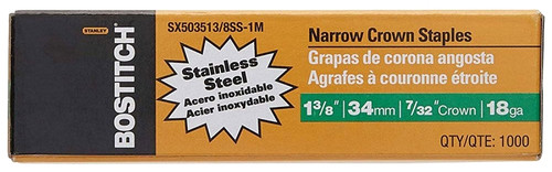 Bostitch SX503513/8SS1M Narrow Crown Construction Staple, 7/32 in W Crown, 1-3/8 in L Leg, 18 ga Gauge, Stainless Steel [SKU: ORG7414832]
