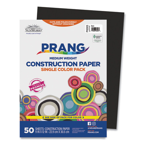 SunWorks Construction Paper, 50 lb Text Weight, 9 x 12, Black, 50/Pack [SKU: PAC6303]