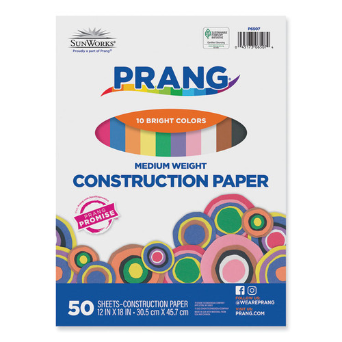 SunWorks Construction Paper, 50 lb Text Weight, 12 x 18, Assorted, 50/Pack [SKU: PAC6507]