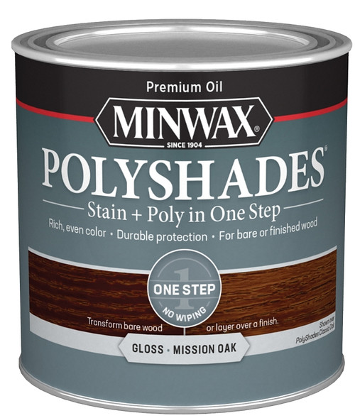 Minwax PolyShades 214854444 Wood Stain and Polyurethane, Gloss, Mission Oak, Liquid, 0.5 pt, Can [SKU: ORG4444113]