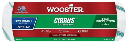 WOOSTER CIRRUS R194-9 Roller Cover, 1/2 in Thick Nap, 9 in L, Polyamide Yarn Fabric Cover, White [SKU: ORG7379084]