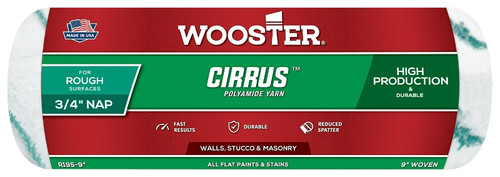 WOOSTER CIRRUS R195-9 Roller Cover, 3/4 in Thick Nap, 9 in L, Polyamide Yarn Fabric Cover, White [SKU: ORG7379100]