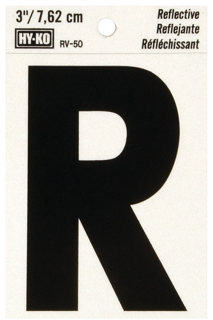HY-KO RV-50/R Reflective Letter, Character: R, 3 in H Character, Black Character, Silver Background, Vinyl [SKU: ORG0199828]