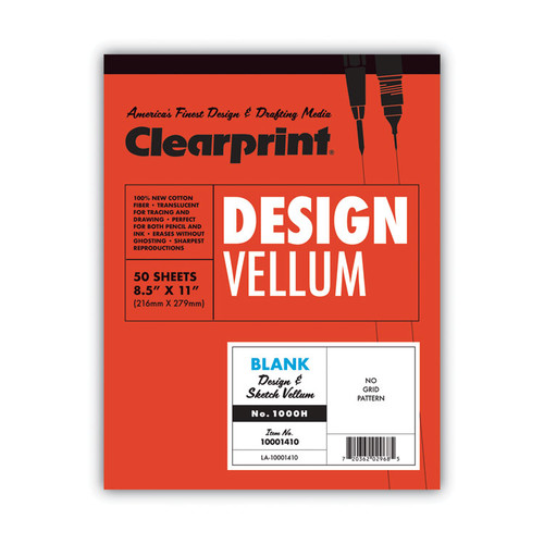 Design Vellum Paper, 16 lb Bristol Weight, 8.5 x 11, Translucent White, 50/Pad [SKU: CLE10001410]