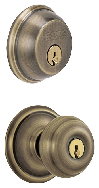 Schlage Georgian Series FB50NVGEO609 Knob Lockset, 2 Grade, Keyed Alike Key, Steel, Antique Brass, K4 Keyway, Left Hand [SKU: ORG6239164]