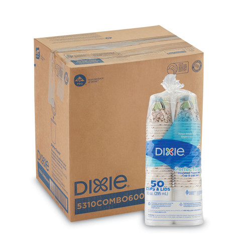 PerfecTouch Paper Hot Cups and Lids Combo, 10 oz, Multicolor, 50 Cups/Lids/Pack, 6 Packs/Carton [SKU: DXE5310CMB600CT]