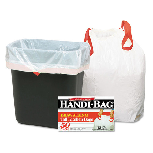 Drawstring Kitchen Bags, 13 gal, 0.6 mil, 24" x 27.38", White, 50/Box [SKU: WBIHAB6DK50]