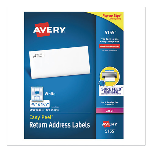 Easy Peel White Address Labels w/ Sure Feed Technology, Laser Printers, 0.66 x 1.75, White, 60/Sheet, 100 Sheets/Pack [SKU: AVE5155]