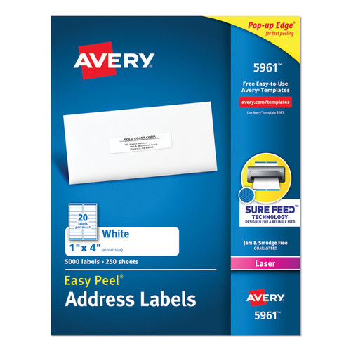 Easy Peel White Address Labels w/ Sure Feed Technology, Laser Printers, 1 x 4, White, 20/Sheet, 250 Sheets/Box [SKU: AVE5961]