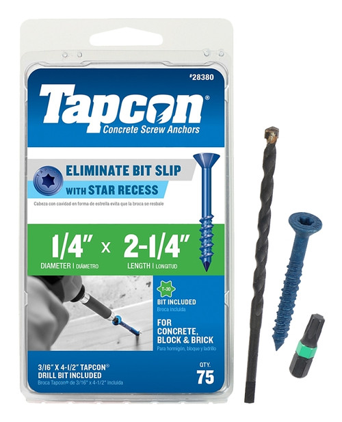 Buildex Tapcon 28380 Concrete Screw Anchor, 1/4 in Dia, 2-1/4 in L, Steel, Climaseal [SKU: ORG7257967]