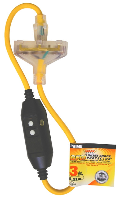 Prime GF320803 Triple Tap Adapter, 3 ft Cable, 15 A, 125 V, Yellow [SKU: ORG5029319]