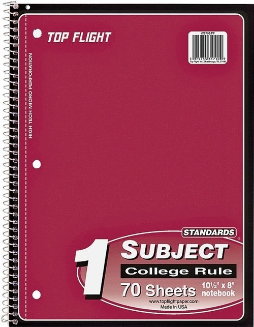 TOP FLIGHT WB705PFW 4510821 College Rule Notebook, Micro-Perforated Sheet, 70-Sheet, Wirebound Binding [SKU: ORG3266608]