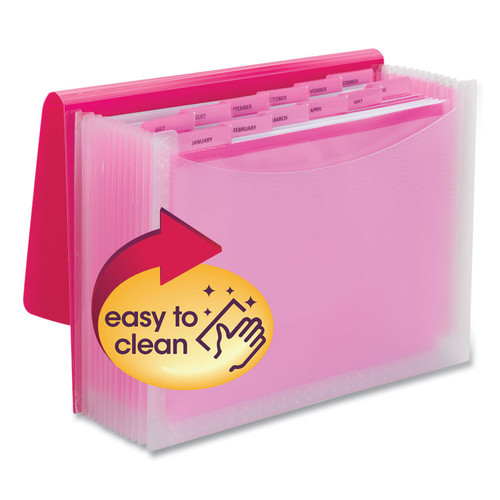 Poly Expanding Folders, 12 Sections, Cord/Hook Closure, 1/6-Cut Tabs, Letter Size, Pink/Clear [SKU: SMD70864]