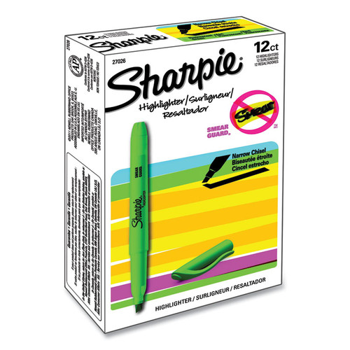 Pocket Style Highlighters, Fluorescent Green Ink, Chisel Tip, Green Barrel, Dozen [SKU: SAN27026]