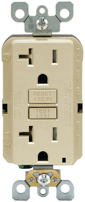 Leviton R91-GFTR2-0KI GFCI Duplex Receptacle, 2 -Pole, 20 A, 125 V, Back, Side Wiring, NEMA: 5-20R, Ivory [SKU: ORG4811493]