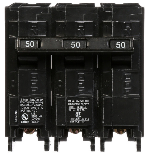 Siemens Q350 Circuit Breaker, Mini, 50 A, 3 -Pole, 240 VAC, Common Trip, Plug Mounting [SKU: ORG7413842]
