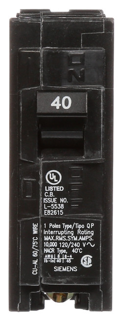 Siemens Q140 Circuit Breaker, Full Module, Mini, Standard, 40 A, 1 -Pole, 120 VAC, Plug Mounting [SKU: ORG7413883]