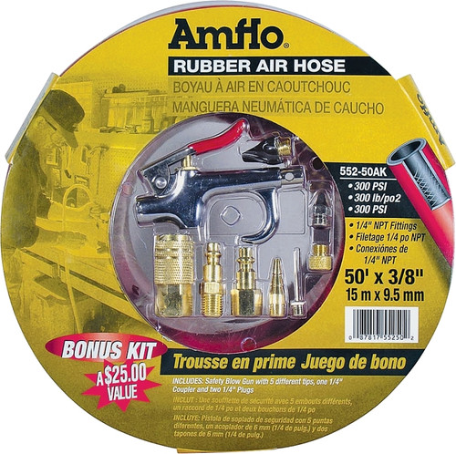 Amflo 552-50AK-5 Air Hose Kit, 3/8 in OD, 50 ft L, MNPT, 300 psi Pressure, Rubber, Red [SKU: ORG5607320]