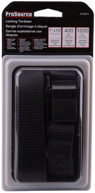 ProSource RT45481 Tie-Down, 1 in W, 10 ft L, Polyester Webbing, Metal Buckle, Black, 400 lb, S-Hook End Fitting [SKU: ORG2145274]