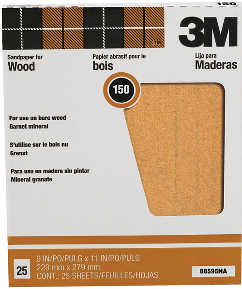3M 88595 Sandpaper Sheet, 11 in L, 9 in W, Fine, 150 Grit, Garnet Abrasive, Paper Backing [SKU: ORG6086417]