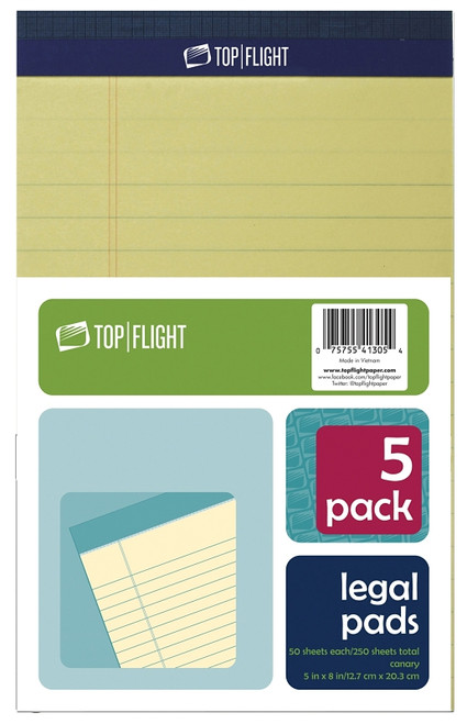 TOP FLIGHT 8105/5 4513090 Legal Pad, 8 in L x 5 in W Sheet, 50-Sheet, Canary Yellow Sheet [SKU: ORG8215295]