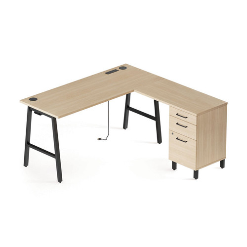 Essentials Single-Pedestal L-Shaped Desk with Integrated Power Management, 59.8" x 59.8 x 29.7", Natural Wood/Black [SKU: UOS60420CC]