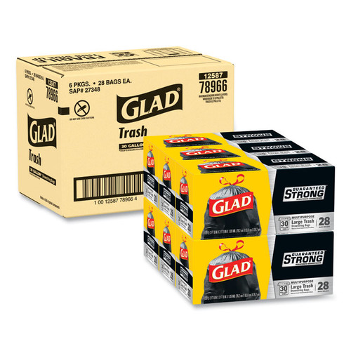 Drawstring Large Trash Bags, 30 gal, 1.05 mil, 30" x 33", Black, 15 Bags/Box, 6 Boxes/Carton [SKU: CLO78966]
