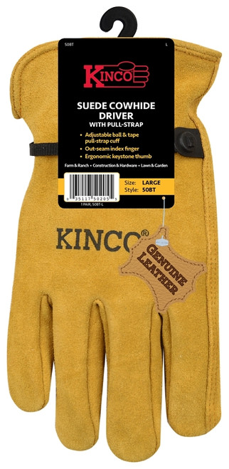 Kinco 50BT-XL Driver Gloves, Men's, XL, Keystone Thumb, Ball and Tape Cuff, Suede Cowhide Leather, Gold [SKU: ORG8634768]