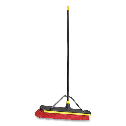 Bulldozer 2-in-1 Squeegee Pushbroom, 24 x 54, PET Bristles, Finished Steel Handle, Black/Red/Yellow [SKU: QCK635SU]
