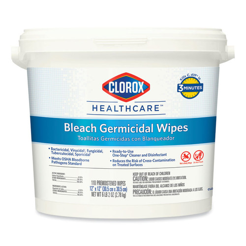 Bleach Germicidal Wipes, 12 x 12, Unscented, 110/Bucket [SKU: CLO30358]