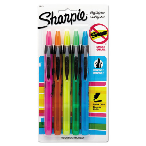 Retractable Highlighters, Assorted Ink Colors, Chisel Tip, Assorted Barrel Colors, 5/Set [SKU: SAN28175PP]
