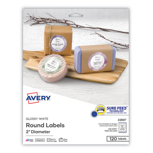 Round Print-to-the Edge Labels with Sure Feed and Easy Peel, 2" dia, Glossy White, 120/PK [SKU: AVE22807]