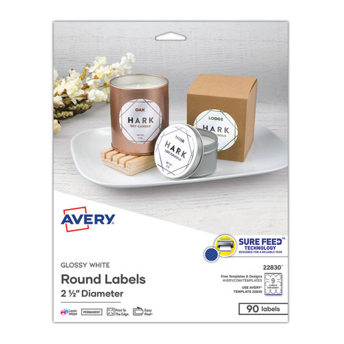 Round Print-to-the Edge Labels with SureFeed, 2.5" dia, Glossy White, 90/PK [SKU: AVE22830]