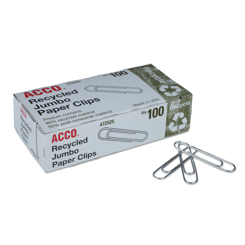 Recycled Paper Clips, Jumbo, Smooth, Silver, 100 Clips/Box, 10 Boxes/Pack [SKU: ACC72525]