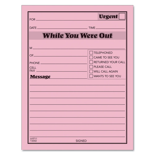 Pink Message Pad, One-Part (No Copies), 4.25 x 5.5, 50 Forms/Pad, 12 Pads/Pack [SKU: TOP3002P]