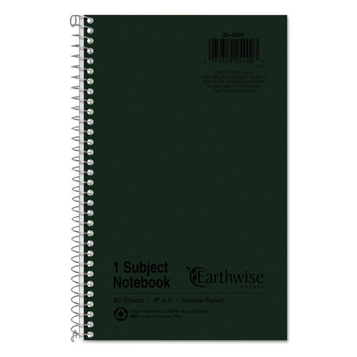 Earthwise by Oxford Recycled One-Subject Notebook, Narrow Rule, Green Cover, 8 x 5, 80 Sheets [SKU: TOP25400]