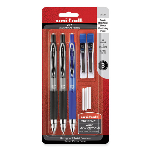 207 Mechanical Pencil with Lead and Eraser Refills, 0.7 mm, HB (#2), Black Lead, Assorted Barrel Colors, 3/Set [SKU: UBC70139]