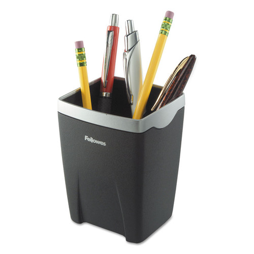 Office Suites Divided Pencil Cup, Plastic, 3.13 x 3.13 x 4.25, Black/Silver [SKU: FEL8032301]